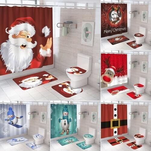 Merry Christmas Shower Curtains Santa Claus Snowman Elk Bathroom Curtain Anti-skid Bath Rugs Carpet Toilet Cover Home Decor