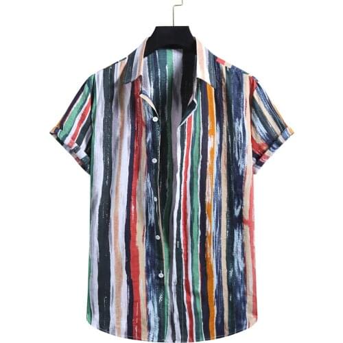 Fashion Vintage Stripe Shirts Men Cotton Linen Print Short Sleeve Button Shirt Blouse Top Mens Clothing Blusas Masculinas Moda