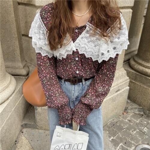 RUGOD 2021 spring new pleated retro floral shirt lace stitching long-sleeved shirt women
