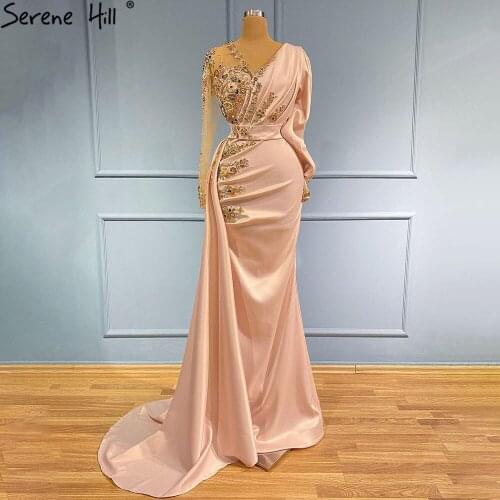 Serene Hill Peach Luxury Beaded Satin Mermaid Evening Dress 2021 Elegant With Overskirt For Women Formal Party Gown CLA71344