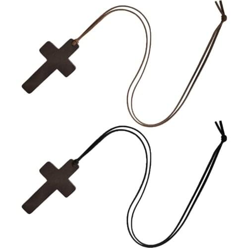 Vintage Wood Cross Necklace Plain Wooden Pendant Brown/Black Rope Bethlehem Jerusalem Holy Land Christian for Men Women