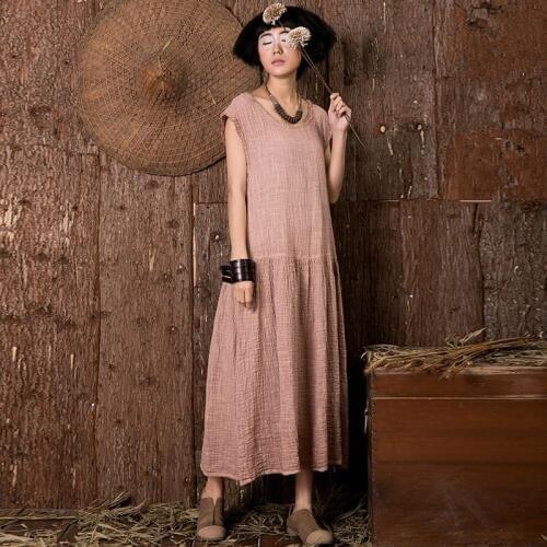 YLO STOCK2019 spring pleated fluid sleeveless one-piece dress linen patchwork vintage loose full dress 17815-2