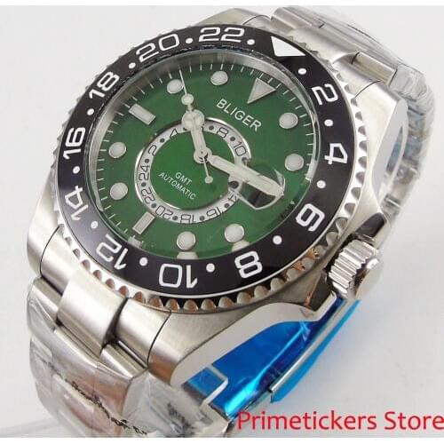 Green dial BLIGER 43mm GMT black ceramic bezel luminous pointer sapphire glass automatic movement mens watch