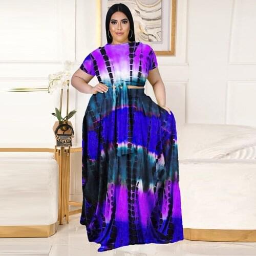 ZJFZML ZZ Women Clothing Two Piece Set Plus Size Tie Dye Print Short Sleeve Crop Top and Pleated Skirts Dropshipping Wholesale