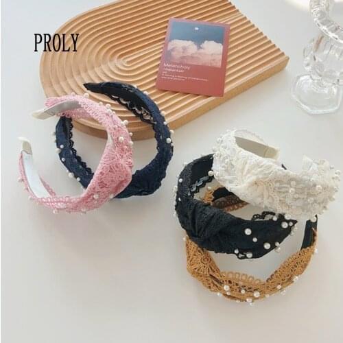 PROLY New Fashion Women Hair Accessories Wide Side Lace Hairband Vintage Pearls Headband Girls Casual Hair Accessories Turban