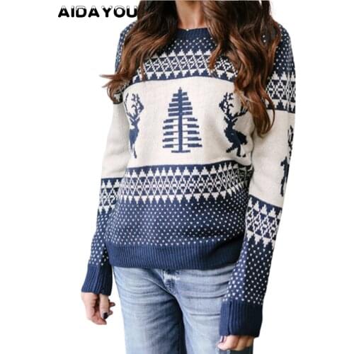 Womens Winter Christmas Sweater O-Neck milu Deer Printed Knitted Pullovers Long Sleeve Causal Christmas Sweater ouc049a