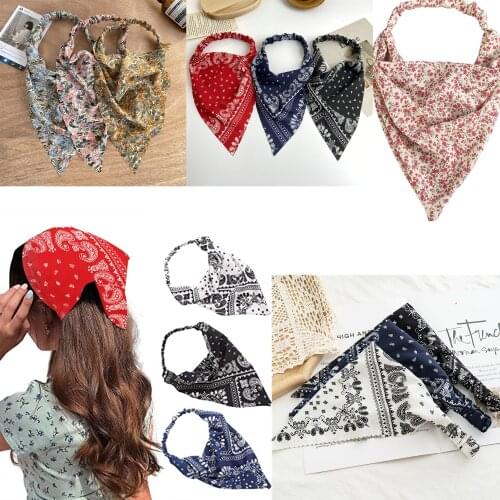 2021 Fashion Vintage Floral Print Scarf Flower Triangle Headscarf For Womens Year Elastic Hair Band Headband Accessories