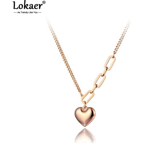 Lokaer Fashion Titanium Stainless Steel Lovely Heart Charm Pendant Necklaces Bohemia Link Chain Choker Necklace For Women N20133