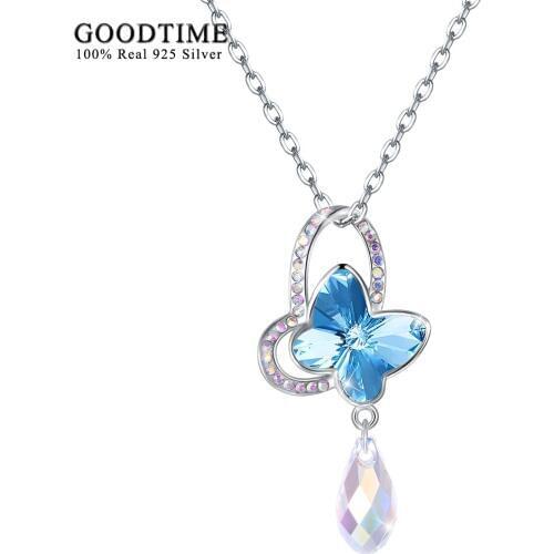 Necklace 925 Sterling Silver water drop Crystal Pendant Necklaces Fashion Sterling-Silver-Jewelry Butterfly Necklaces For Women