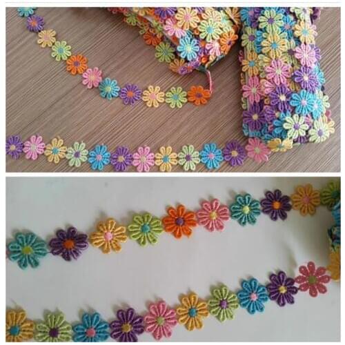 15Yards Rainbow Daisy Flowers Lace Trim Embroidered Polyester Handmade DIY Sewing Crafts Floral Venise Embroidery Patch