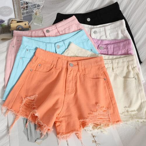 Fashion New Summer Women White Denim Shorts Sexy Hole Ripped Mini Jeans Shorts Women Streetwear Tassel High Waist Shorts aq1037