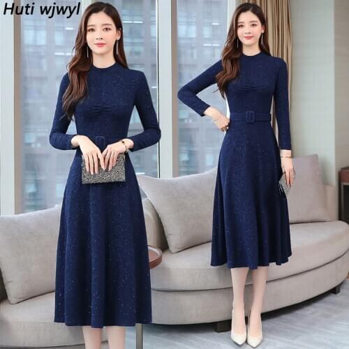 2021 Vintage Blue Long Sleeve Midi Dresses Autumn Winter 2XL Plus Size Solid Women Bodycon Dress Elegant Party Femal Vestidos