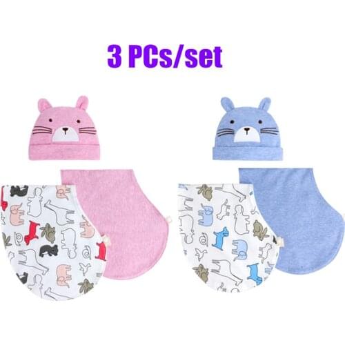 3Pcs Newborn Baby Burp Cloths Baby Hat Set Soft Cotton Warm Cute Beanie Cap Bibs Feeding Saliva Towel Scarf Infants Shower Gifts
