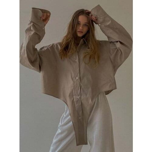 Blouse Shirts Long Sleeve 22 Turn Down Collar Solid Tops Shirt Oversize Streetwear Button Hem Irregularity Casual Loose Shirt