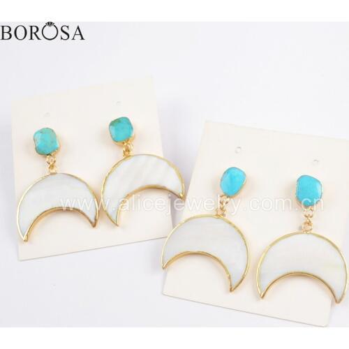 BOROSA 2/3/4Pairs Natural Stones with Metal Earrings,Blue Turquoises Crescent Natural White Shell Drop Earrings G1730