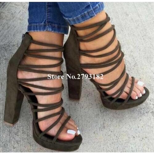 New Fashion Women Thin Straps Cross Suede Chunky Heel Gladiator Sandals Black Back Zipper-up Thick High Heel Sandals Dress Heels