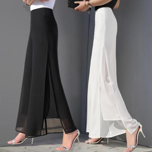 New Fashion Ladies Wide Leg Chiffon Pants High Waist Long Loose Pants Culottes Double Layer Side Slit Wide Leg Long Pants