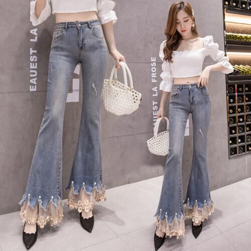 Winter Autumn Vintage Lace Patchwork Korean Fashion Jeans Women High Waist Flare Pants Elegant Full-length Denim Trousers A66