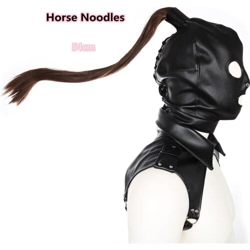 Fetish Sexy Erotic Club Party Costumes of Leather Bondage Hood with Detachable Wig Tail and Jacket for Men Women Couples Flirt