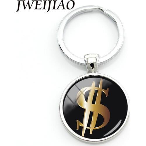 JWEIJIAO 2018 Fashion Key Chain Accessories Dollar Sign Logo Key Ring Glass Cabochon Car Keychain Jewelry Bag Charm DL15