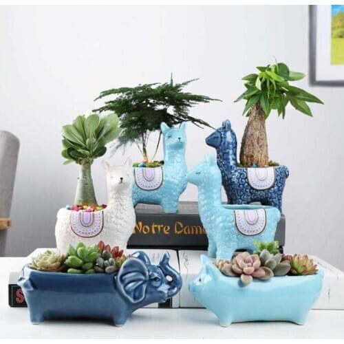 Ceramic Alpaca Animal Succulent Plant Pot Flowerpot Desktop Ornaments Plant Container Vase Home Garden Decor