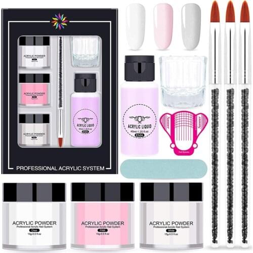 Acrylic Nail Kit Pink White Clear 3 Colors Nail Powder 1 Liquid Set with Nail Brush for Home Nail DIY Nail Salon Nail Art Set