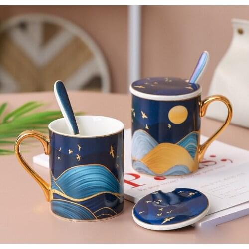 Nordic Night Coffee Mug Bone China Afternoon Teacup Tazas Ceramic Water Cups With Lids Drinking Home Decoration Drinkware