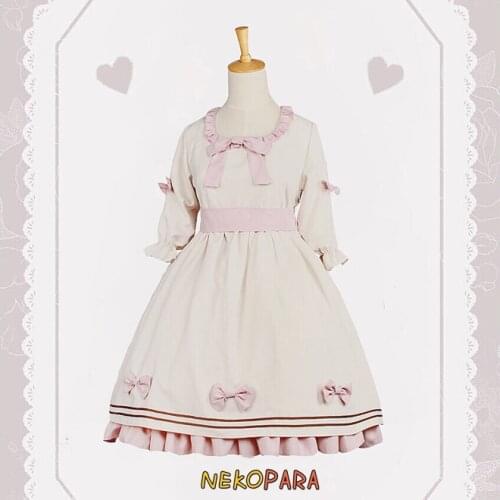Original Hawthorn Cheese Cute Womens CLA Lolita Dress OP Short Puffy Sleeve Dress Bows Waist Belt Cute One Piece Color Beige