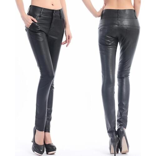 Autumn fashion motorcycle faux leather pants womens feet pants splice tight pu trousers for women personality black