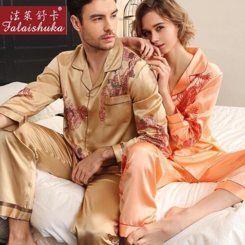 Chinese style 100% silk Couples sleepwear women family pajamas sets men Lovers long sleeve wedding women pyjamas men sleepwear