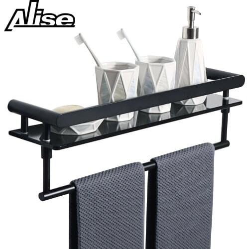 Bathroom Shelf Extra Thick Tempered Black Glass Shelf with Towel Rail Wall Mounted 20-Inch Shower Shelf 304 Stainless Steel Bar