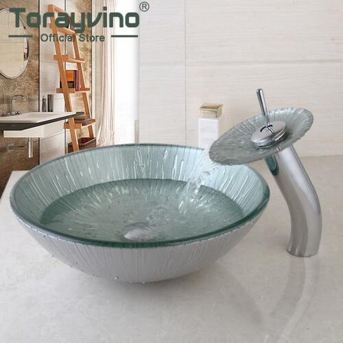 Bathroom Sink,Decor Art Wash Basin With Waterfall Faucet Tempered Glass Bathroom Sink Set Hot&Cold Mixer Tap