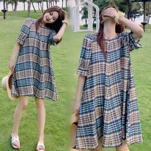 Plus Size Women Yellow Dress Summer Chiffon Plaid Print Short Sleeve Casual Pullover Robe Femme Simple Style Xxxxl Dresses