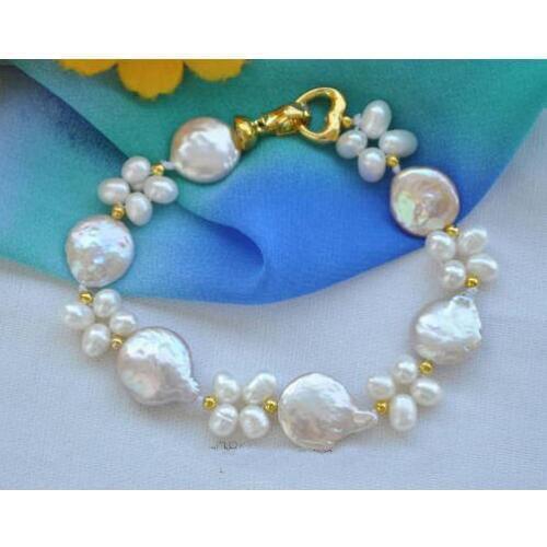 Handwork Real Pearl Bracelet,8inches 4-14mm White Coin Rice Freshwater Pearl Bracelet,Heart Clasp,Women Gift Jewellery