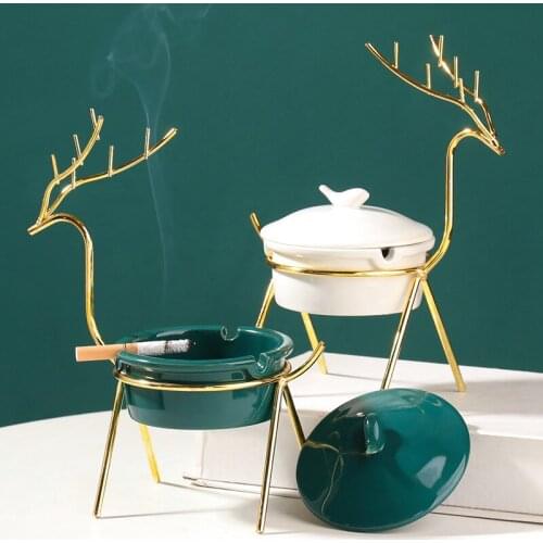Nordic ins wrought iron fawn frame ceramic ashtray with lid Creative living room household ash-proof personality ash storage