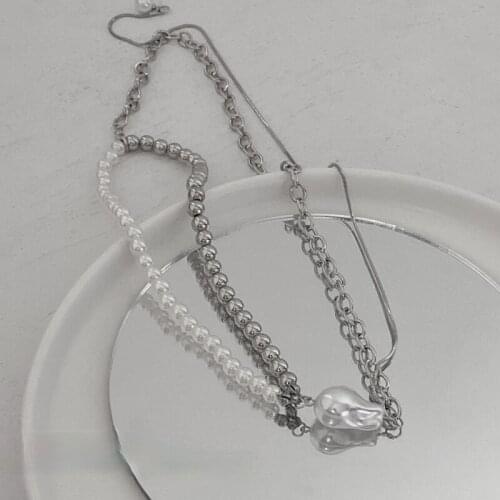 U-Magical Exaggerated Irregular Simulation Pearl Bead Chokers Necklace for Women Asymmetric Chunky Chain Metal Necklace Jewelry