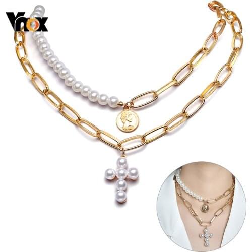 Vnox 2 Pcs/Set Layered Necklaces for Women Gold Color Metal Lora Rectangle Chain Choker Chic Simulated Pearl Cross Pendant