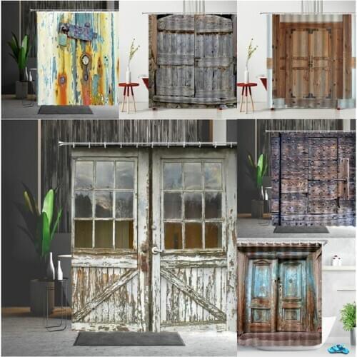 Old Vintage Wood Doors Shower Curtains Decorative Waterproof Polyester Fabric Bathroom Curtain Set Home Bath Decor With Hooks