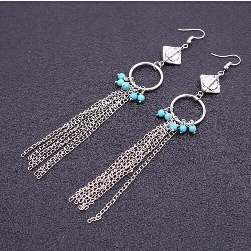 Fashion Long Earrings Bohemian Beaded Square Retro Long Lady Earrings Chain Tassel Charm Handmade Earrings Jewelry Gift