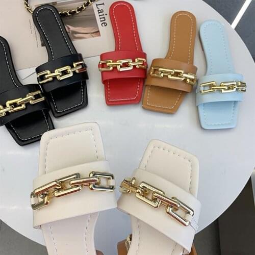 Womens Golden Chain Slipper Classic Solid Color Square Toe Flip Flops Summer Outdoor Beach Shoes Slides Pu Leather Flip Flop