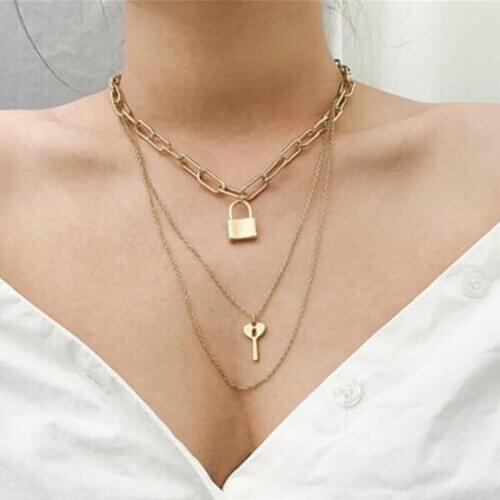 Punk Exaggerated Thick Chain Lock Key Pendant Necklace Women Vintage Multilayer Geometric Clavicle Necklace Jewelry Kolye N1573
