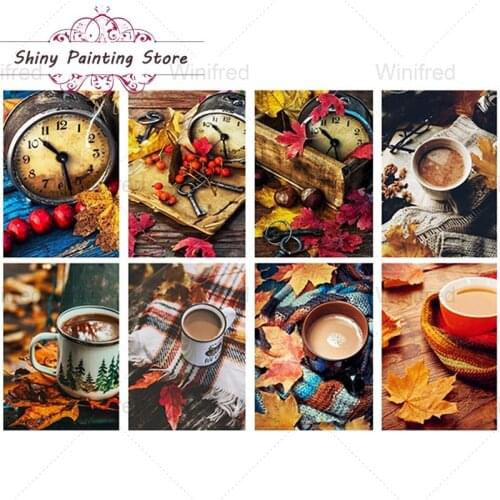 5D DIY Diamond Painting Full Square Round Drill Retro Autumn Landscape Clock Coffee Cup Diamond Embroidery Kit Home Decor Gift