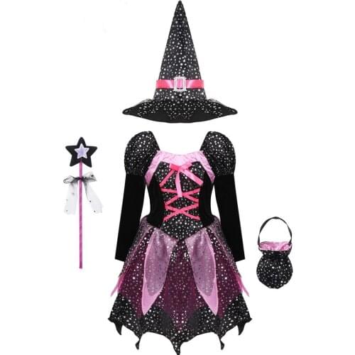 Kid Girls Halloween Witch Costume Sparkly Silver Stars Printed Carnival Cosplay Dress with Pointed Hat Wand Dress Up Clothes