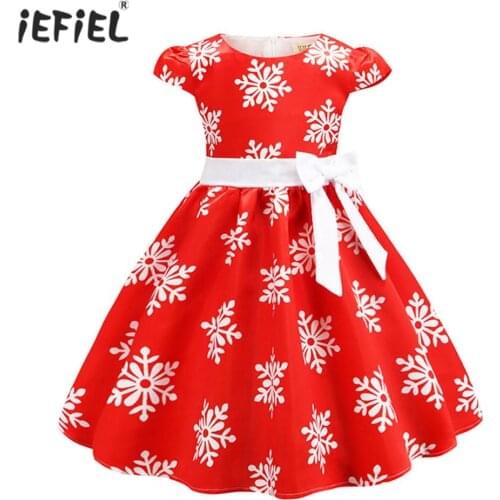 Girls Christmas Dress For Kids Short Puff Sleeve Snowflake Printed Princess Dress Children New Year Xmas Evening Party Dresses