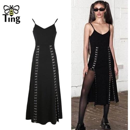 Tingfly Designer Fashion Sexy Split Gothic Black Party Night Dresses Women Clubwear Summer Strap Sundress Open Back Elbise Robes