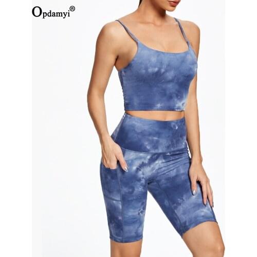 2021Tie Dye Yoga Set Gym Workout Clothes Women High Waist Shorts with Pocket High Impact Sports Bra Fitness Seamless Shorts Suit