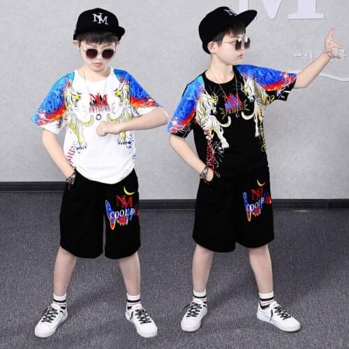 Size 5 7 8 9 10 11 13 Yrs Summer Children Outfits Boys Girls Clothing Set Sport T shirt Shorts Suit Kids Hip hop Dance Costumes