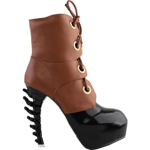 LF80707 SHOW STORY Cool Brown Black Two Tone Lace-Up High-top Bone Heels Platform Ankle Boots