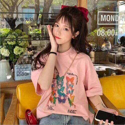 Fashion Butterfly Print T shirt Woman Spring Summer New Short Sleeve Round Neck Woman Tshirt Top Casual One Size Summer Tops