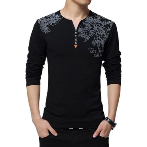 Mens T-Shirt Long sleeves Cotton Fashion Floral Print V-Neck Casual Loose Bottom Shirt Man Clothing Brand Tees Plus Size 5XL